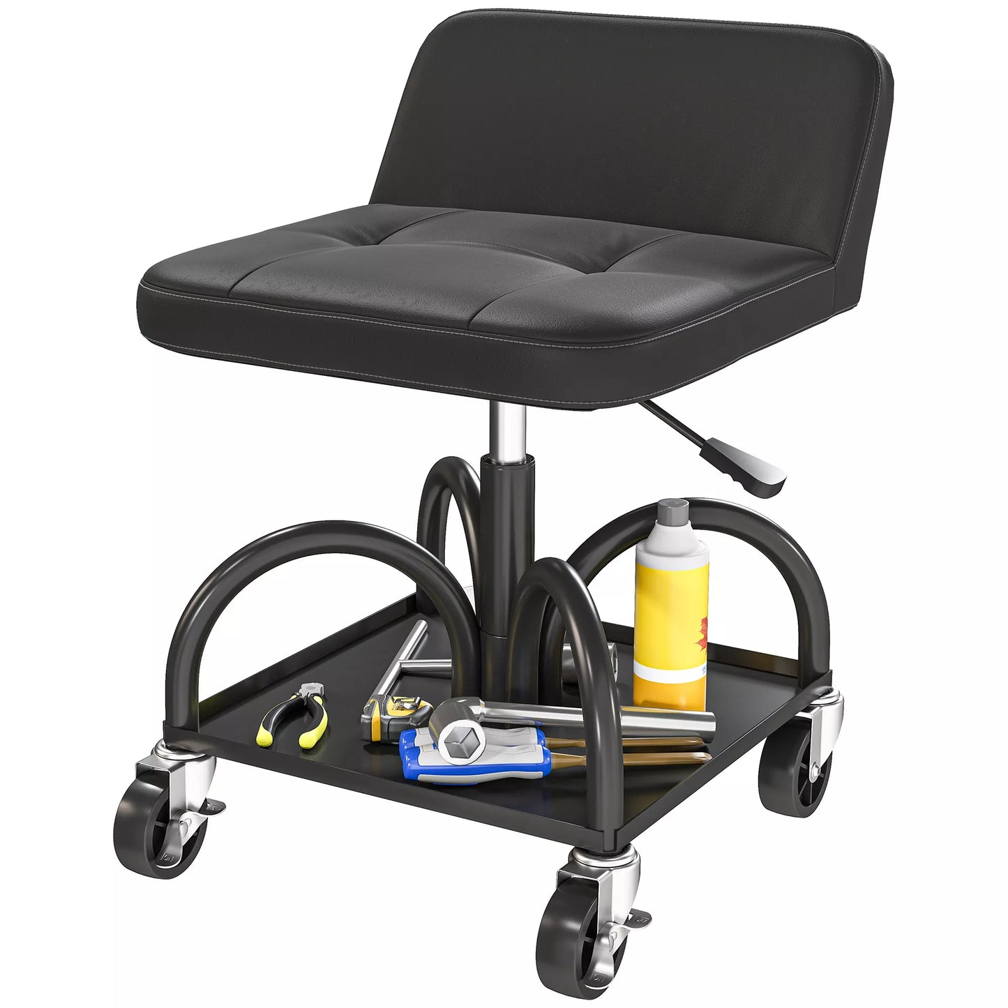 Dirbtuvės taburetė su ratukais ir laikymo lentyna, 58,5 cm aukščio, riedanti taburetė, atlaiko iki 135 kg, juoda