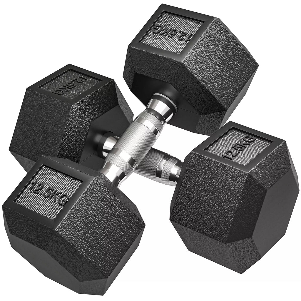 Hanteliai su rifliuotu rankenėliu, ketaus hanteliai, 2 vnt. po 12,5 kg, skirti namams, sporto salėms, jėgos treniruotėms