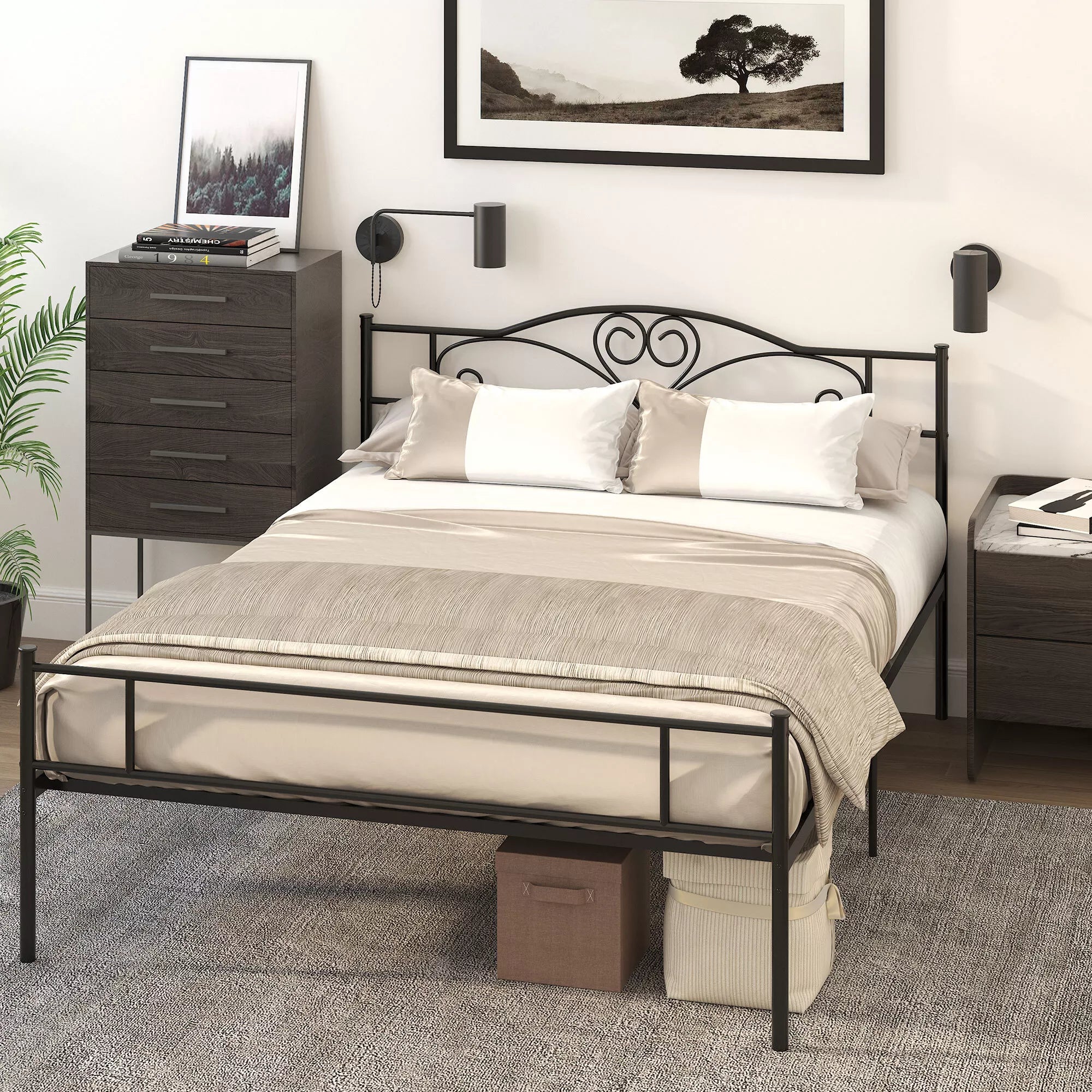 Metalinis lovos rėmas su galvūgalio dalimi, 300 kg apkrova, 145L x 211B x 106H cm, juodas