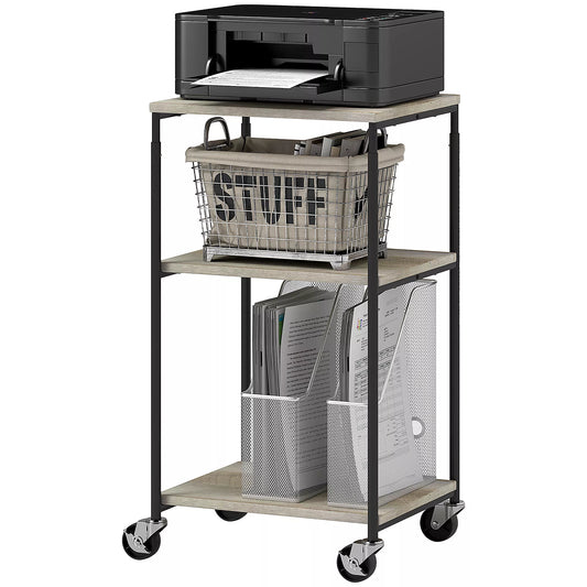 Spausdintuvo stovas su 3 lentynomis, reguliuojamo aukščio, mobilus spausdintuvo vežimėlis su ratukais, namų biurui, metalo ir medžio