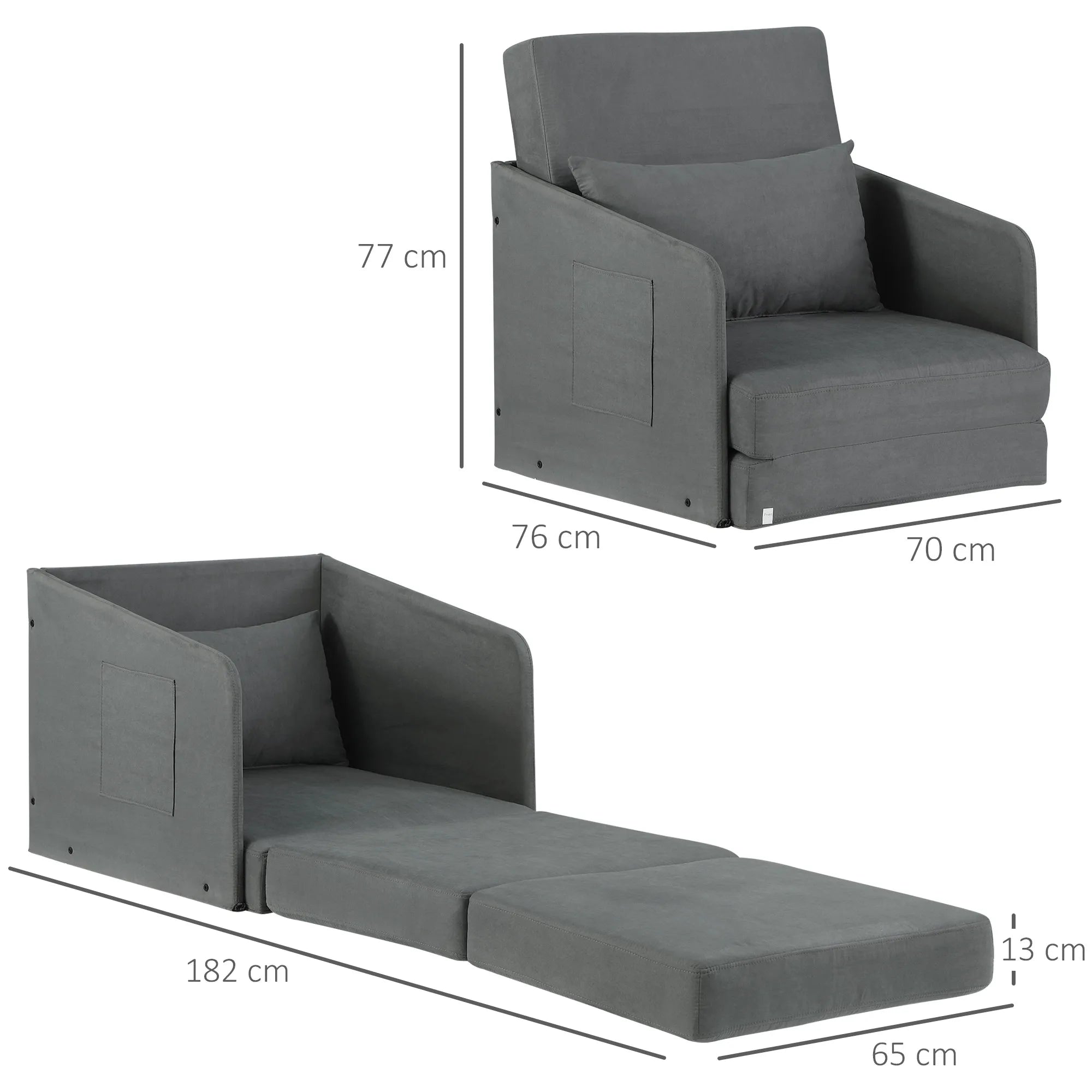 Miegamasis sofos Sofos lova Vienvietė sofa Skalbiama danga 2 šoninės kišenės Pagalvės Metalo Pilka 70 x 76 x 77 cm