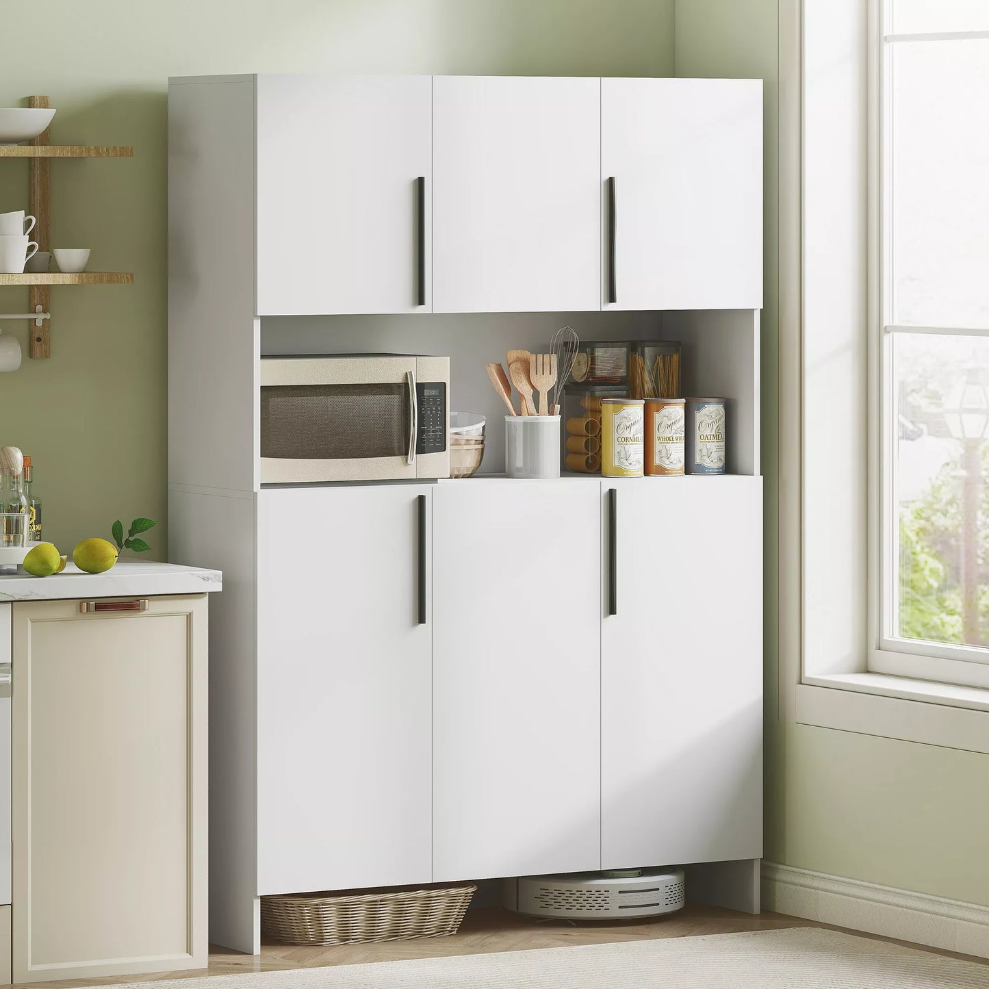 Virtuvės spinta, 4 skyriai, 6 durys, 12 vyrių, stalviršis, MDP, balta