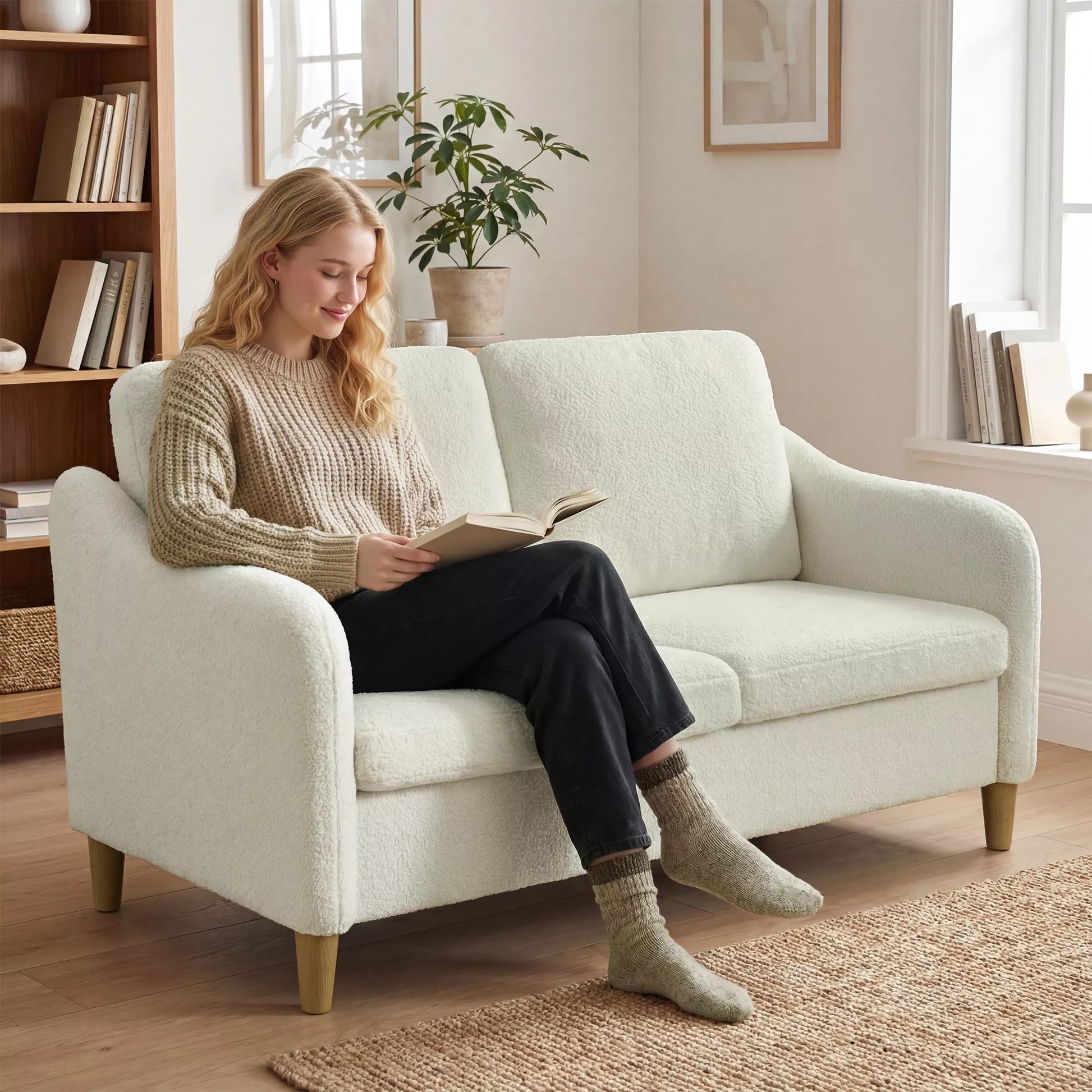 2 vietų sofa, maža sofa su šerpa vilnos išvaizda, 137 cm, skirta svetainei, kreminė balta