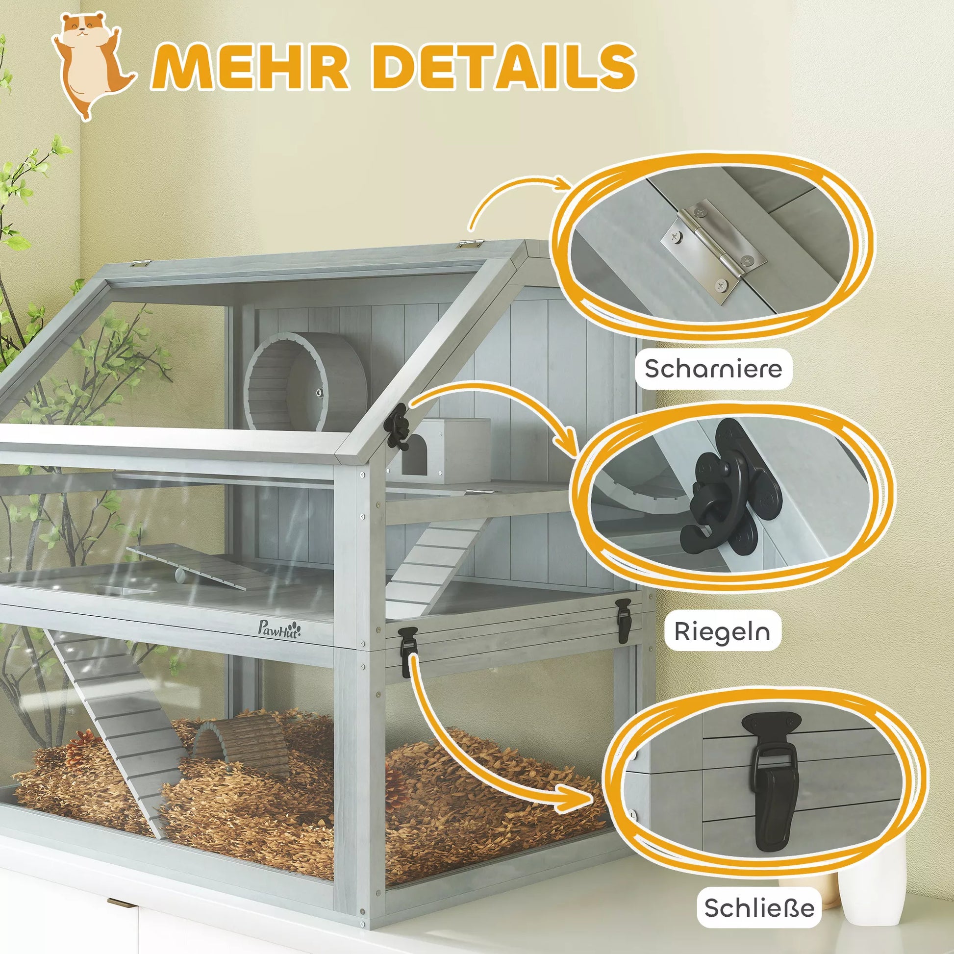 Medinų namelis žiurkėnams, 3 aukštų su didele dugnine, nuimamais lygiais, smulkiems gyvūnėliams, 80x50x76cm, šviesiai pilkas