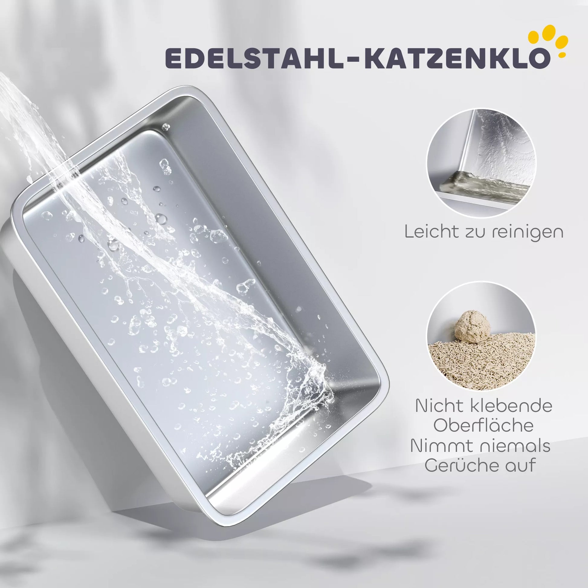 Atviras kačių tualetas su aukštu kraštu ir mentele, nerūdijantis plienas, katėms iki 7 kg, 60,2 x 40,2 x 29,5 cm, pilkos spalvos