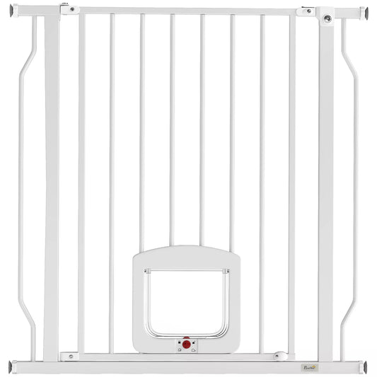 Apsauginiai laiptų ir durų varteliai su katei skirta anga, nereikalaujantys gręžimo, 75-85 cm, plieniniai, skirti šunims, laiptams, durims, balti