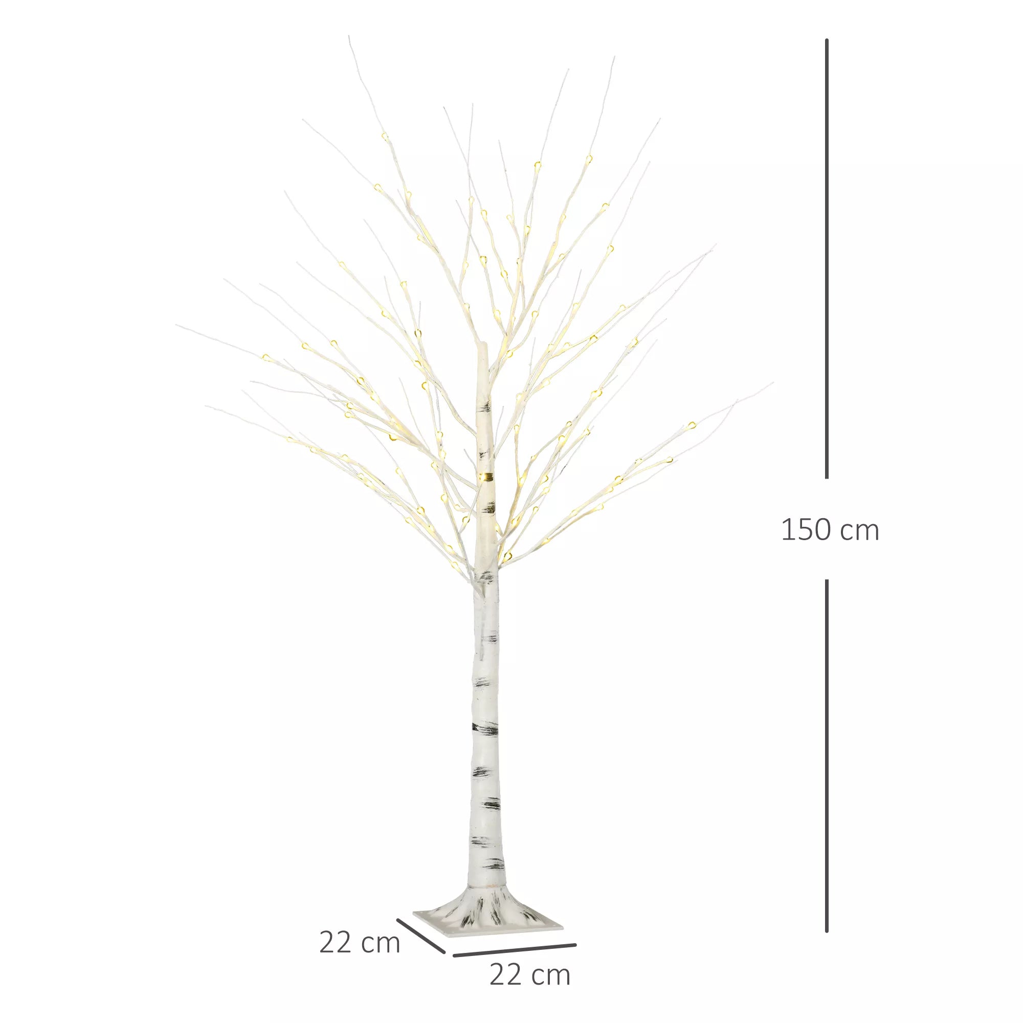 Dirbtinė beržo imitacija su LED lemputėmis, lanksčios šakos, plastikas ir metalas, 150 cm, balta