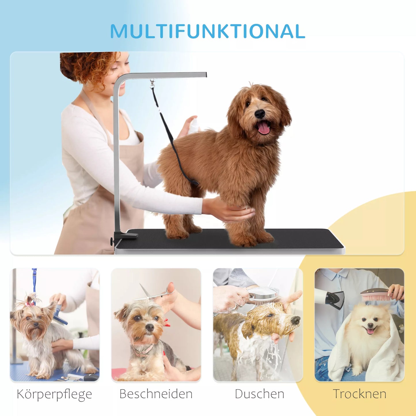 Šunų priežiūros stalas, kirpimo stalas su reguliuojamu laikikliu, laikymo skyrius, gumine danga, 90 x 60 x 76 cm, Juodas