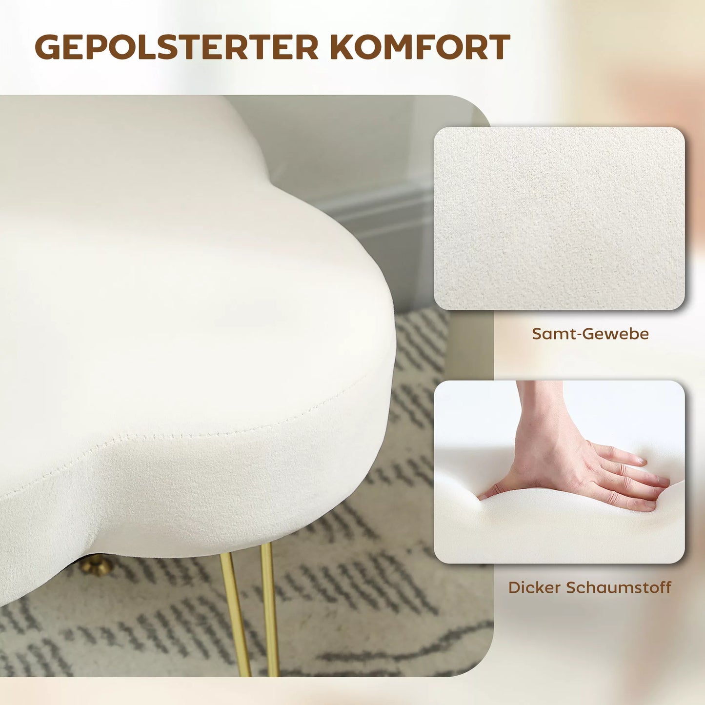 Sėdimoji taburetė, pufas dobilo formos, su audinio apmušalu, plieninėmis kojelėmis, kreminės baltos spalvos