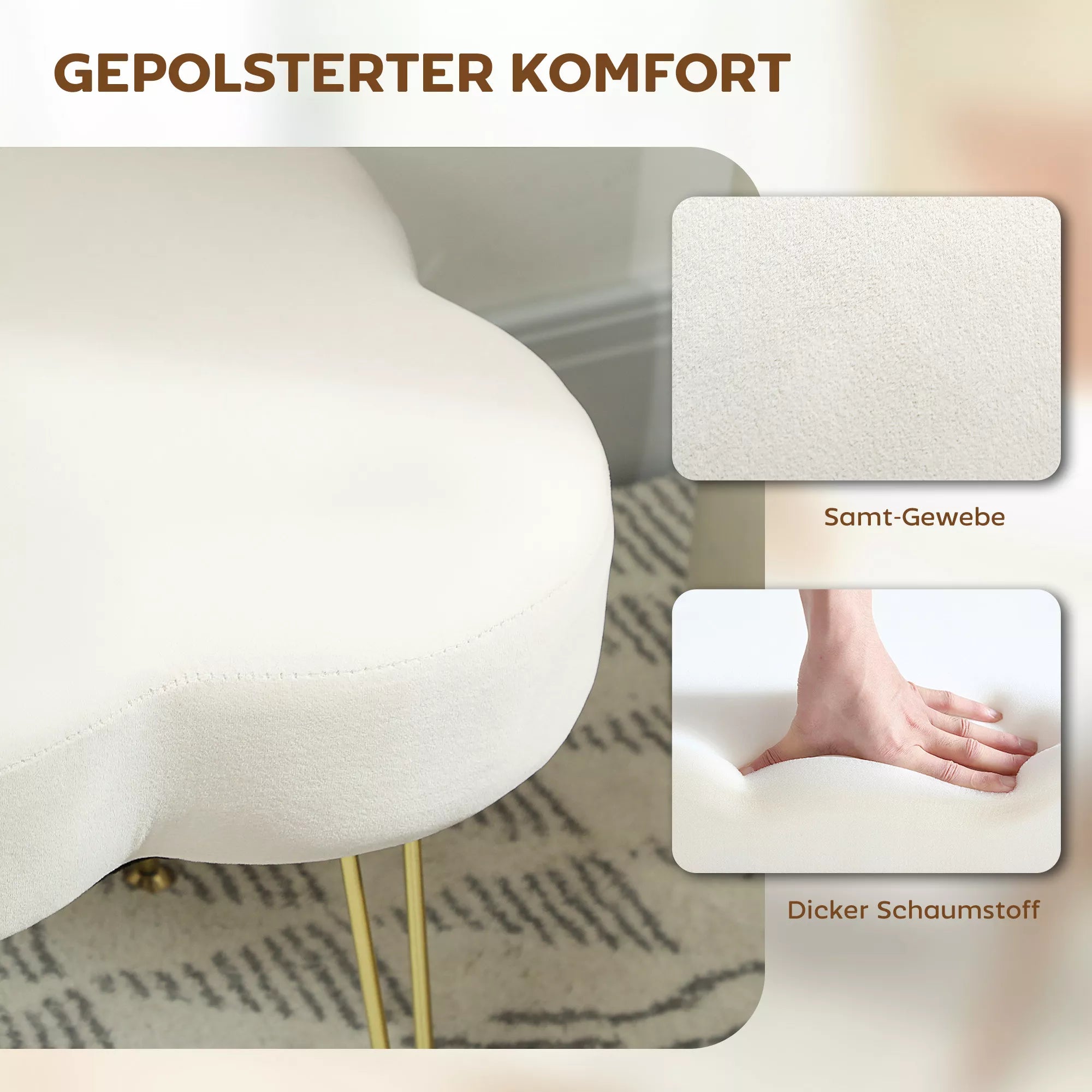 Sėdimoji kėdė, minkšta kėdė su triskele, audinio apmušalas, plieninės kojos, kreminė balta spalva