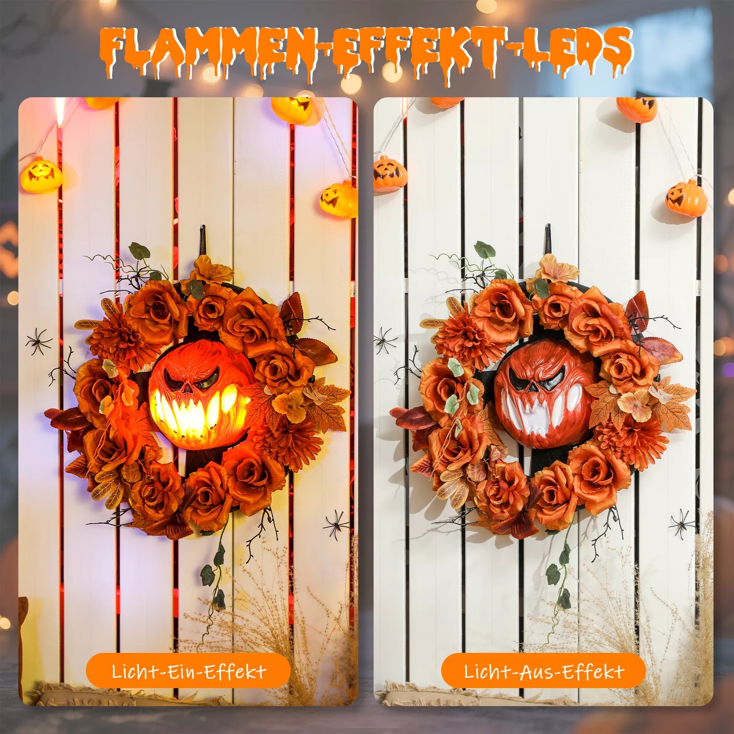 Helovino vainikas, siaubo moliūgo dizainas, rudens lapai, šviesos efektai, plastikas