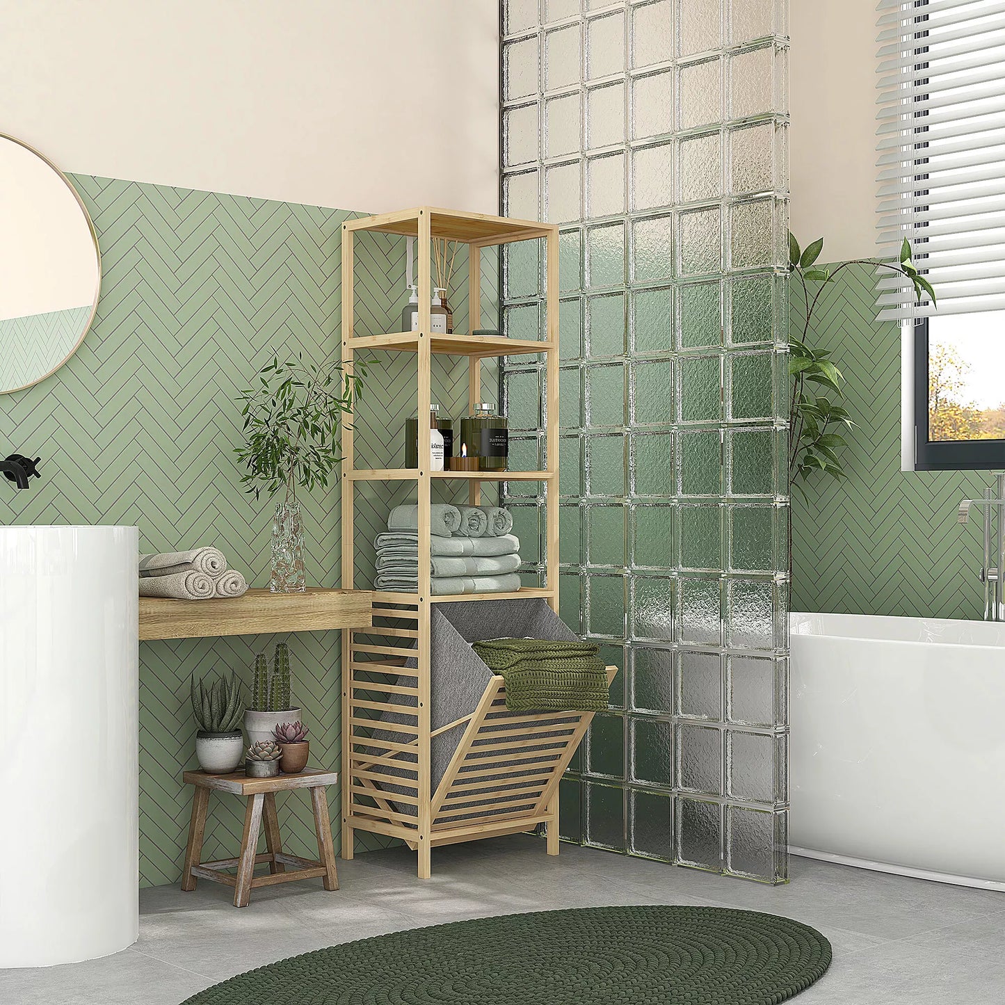 Vonios lentyna su skalbinių surinktuvu, 3 lentynos, bambuko rėmas, 44x33x160cm, natūrali