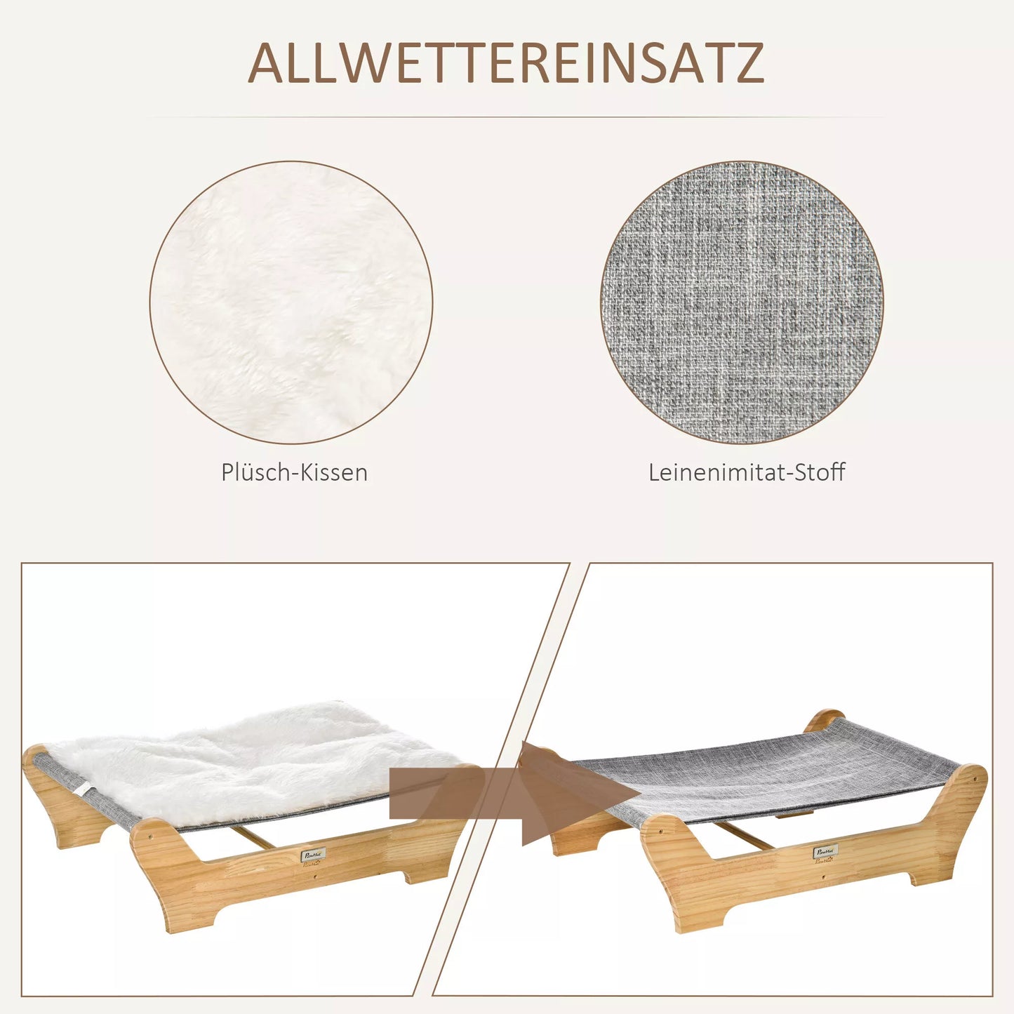 Katės hamakas su rėmu, paaukštinta guolietė su minkšta pagalvėle, pušies mediena, natūralus, 68 x 43 x 20 cm