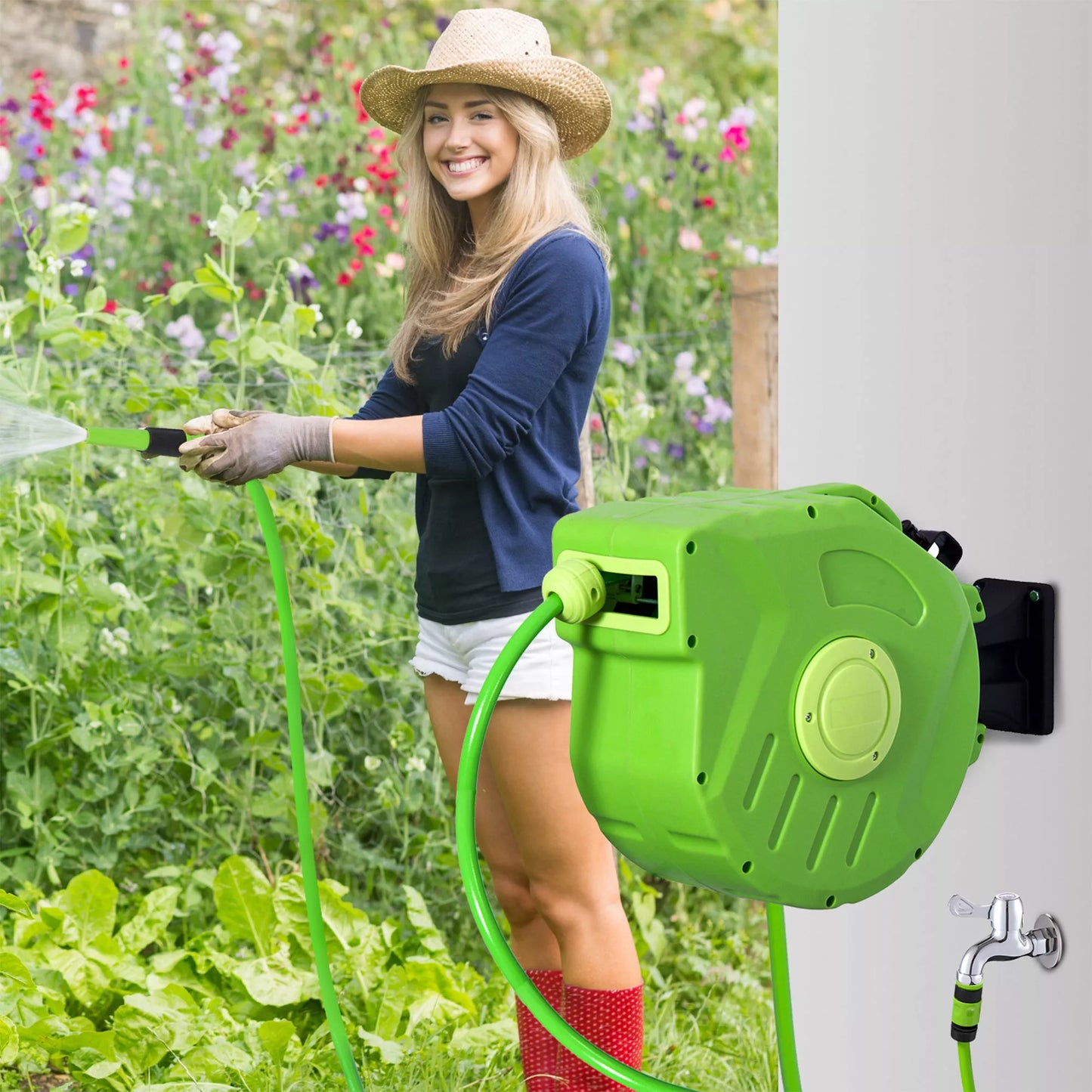 Automatinis žarnos ritės atsuktuvas 15+1,5m, pasukamas, skirtas suspaustam orui ir sodui, 180° pasukama žarnos ritė, žalios spalvos suspausto oro žarna