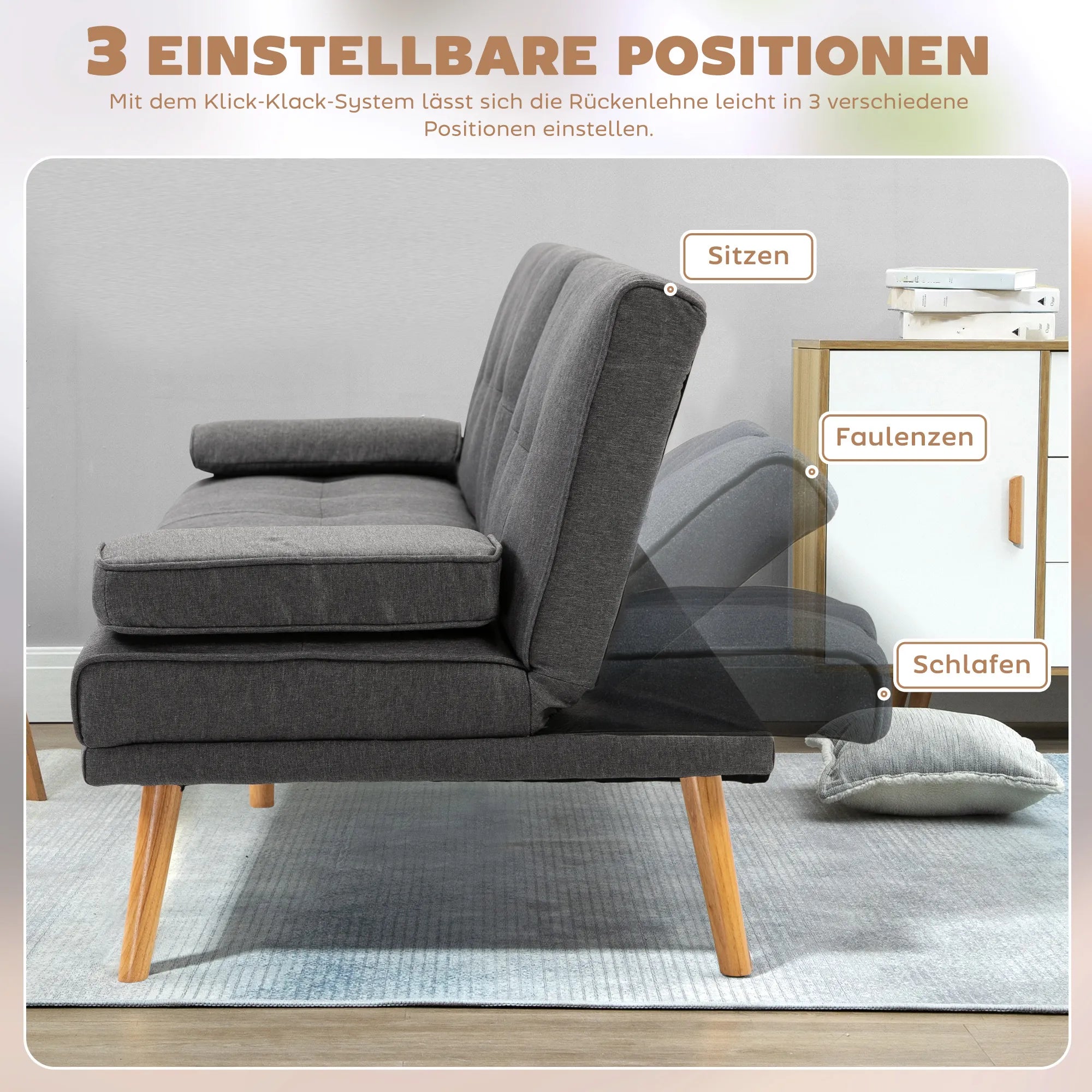 Skandinaviško dizaino trivietė sofa-lova, 2 pagalvėlės, pilka + natūrali spalva