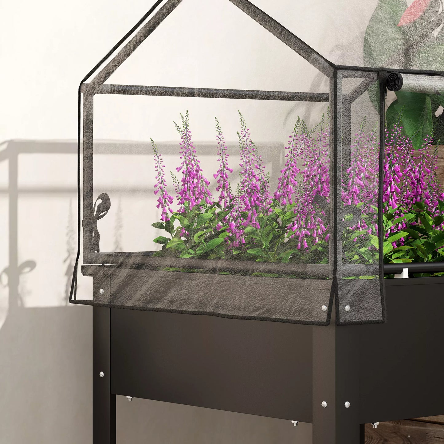 Aukštas lysvė su šiltnamio stogu, pakelta augalų dėžė su drenažo skylėmis, 60 x 60 x 120 cm, juoda