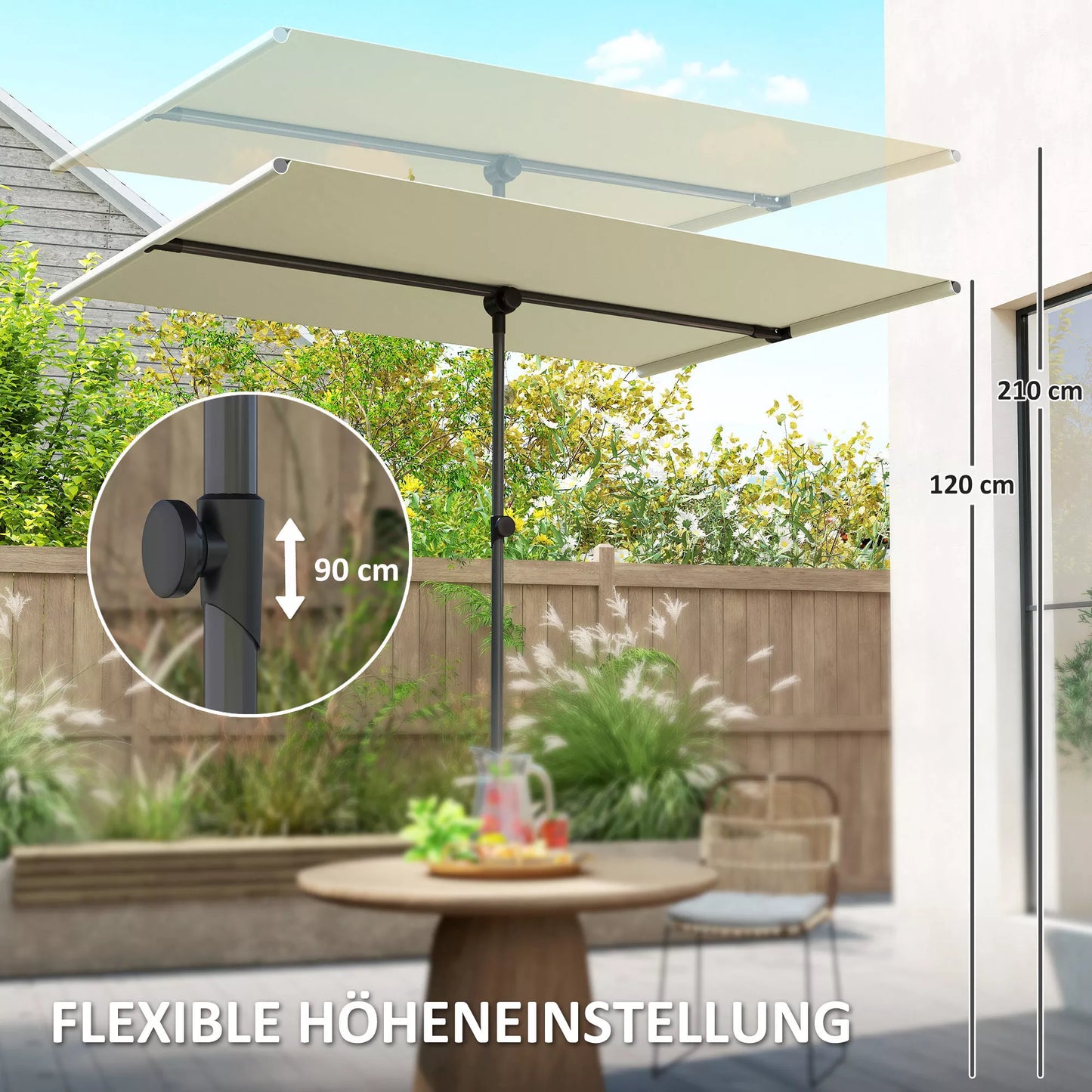 Skėtis nuo saulės 180 laipsnių pasukamas, reguliuojamo aukščio, sodinis skėtis su aliuminio stiebu 150x205cm smėlio spalvos