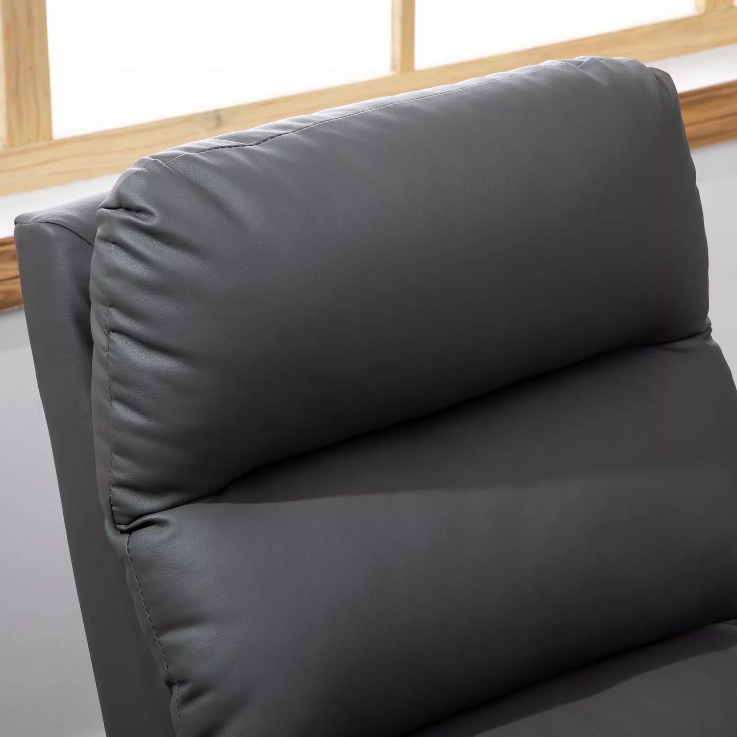 Poilsio krėslas su atlenkiama atrama kojoms, išskleidžiama kojų atrama, dirbtinė oda, tamsiai pilkos spalvos