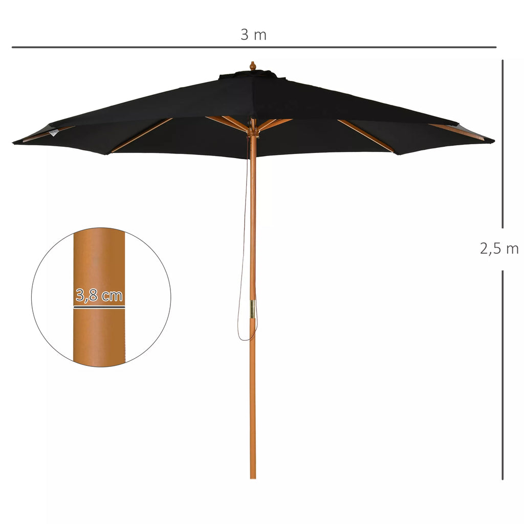 Skėtis nuo saulės Ø 300 cm, skėtis nuo saulės su UV apsauga, medinis balkono skėtis, tvirtas paplūdimio skėtis, turgaus skėtis, apsauga nuo saulės paplūdimyje, terasoje, sode, juodas