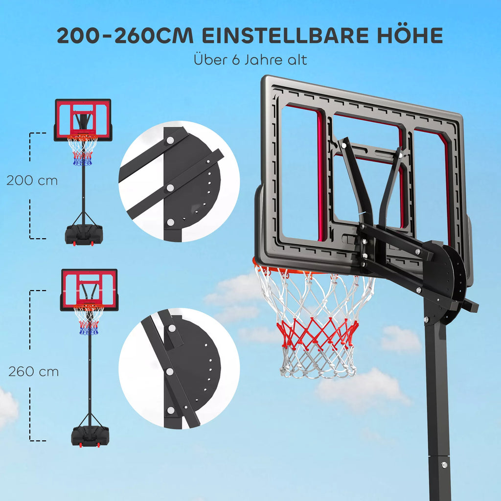 Krepšinio krepšys, lauko krepšinio krepšys paaugliams, aukštis reguliuojamas nuo 200 iki 260 cm, su ratukais, raudonas