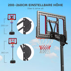 Krepšinio krepšys, lauko krepšinio krepšys paaugliams, aukštis reguliuojamas nuo 200 iki 260 cm, su ratukais, raudonas