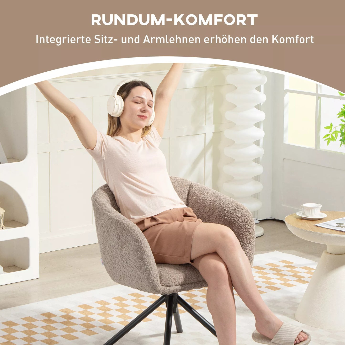 Fotelis, minkštasis krėslas su patogia sėdimąja dalimi, sukamasis, jaukus apmušalas, iki 120 kg, šviesiai rudas