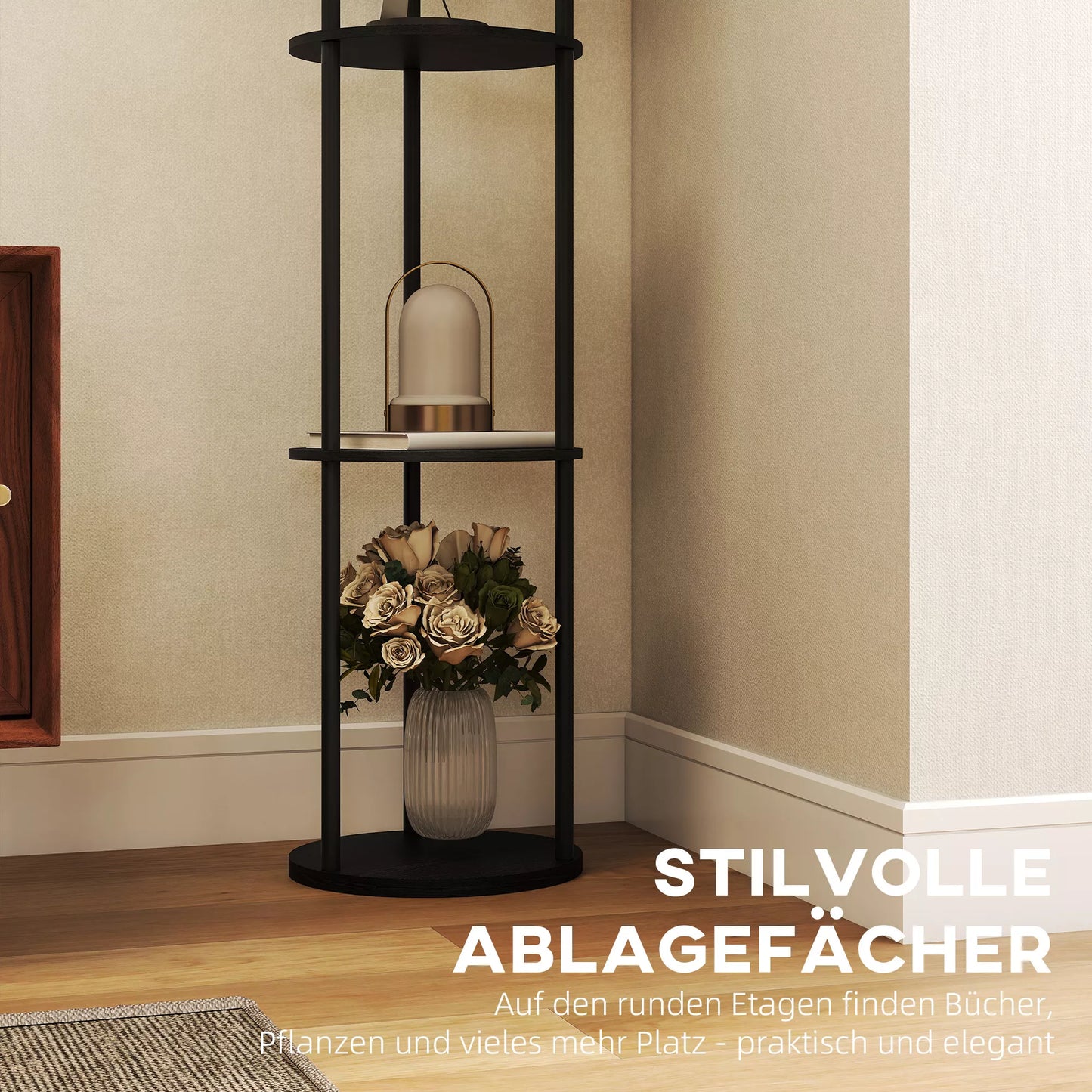 Stovas su 3 lentynomis, apvalus dizainas, nuotolinio valdymo pultas, pėdos jungiklis, reguliuojamas šviesos šilumas, skirtas svetainei, juodos spalvos