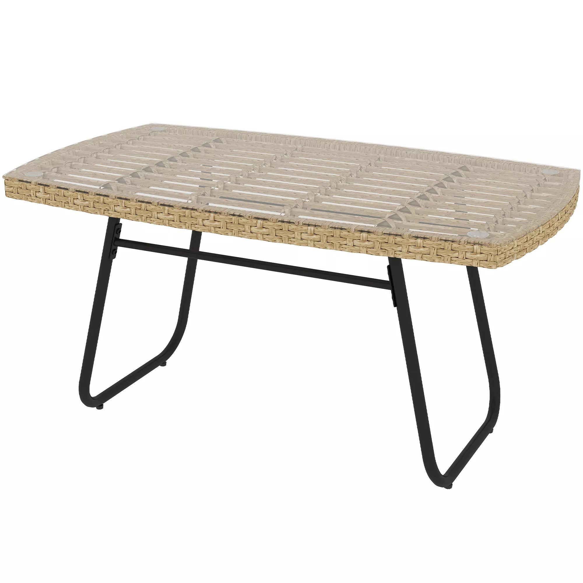 Polyrattan sodo stalas, 90 x 50 x 45 cm, atsparus UV spinduliams, pagalbinis stalas su stikliniu stalviršiu, natūralaus medžio