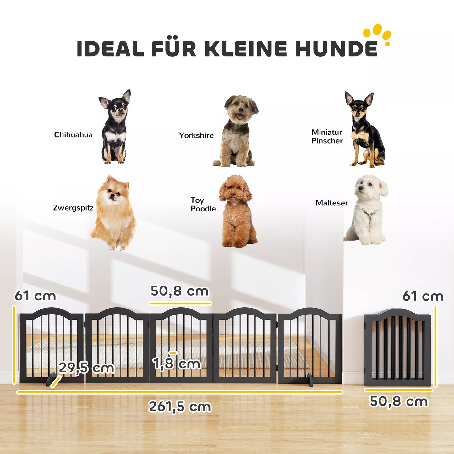 Šunų atitvaras, laisvai pastatomas apsauginis tinklas su kojelėmis, sulankstomas, 5 paneliai, 261,5 x 29,5 x 61 cm, juodas