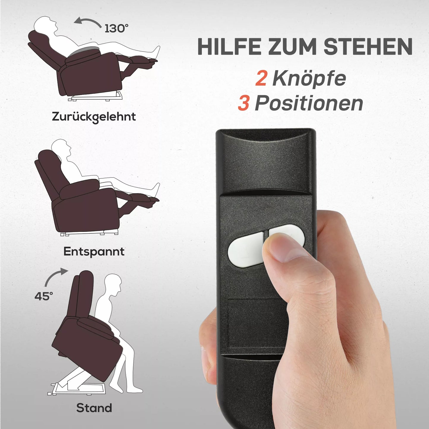 Pakeliamasis krėslas, krėslas-relaksas su pakėlimo funkcija, su nuotolinio valdymo pulteliu, puodelio laikikliu, reguliuojama atlošo atrama, rudos spalvos