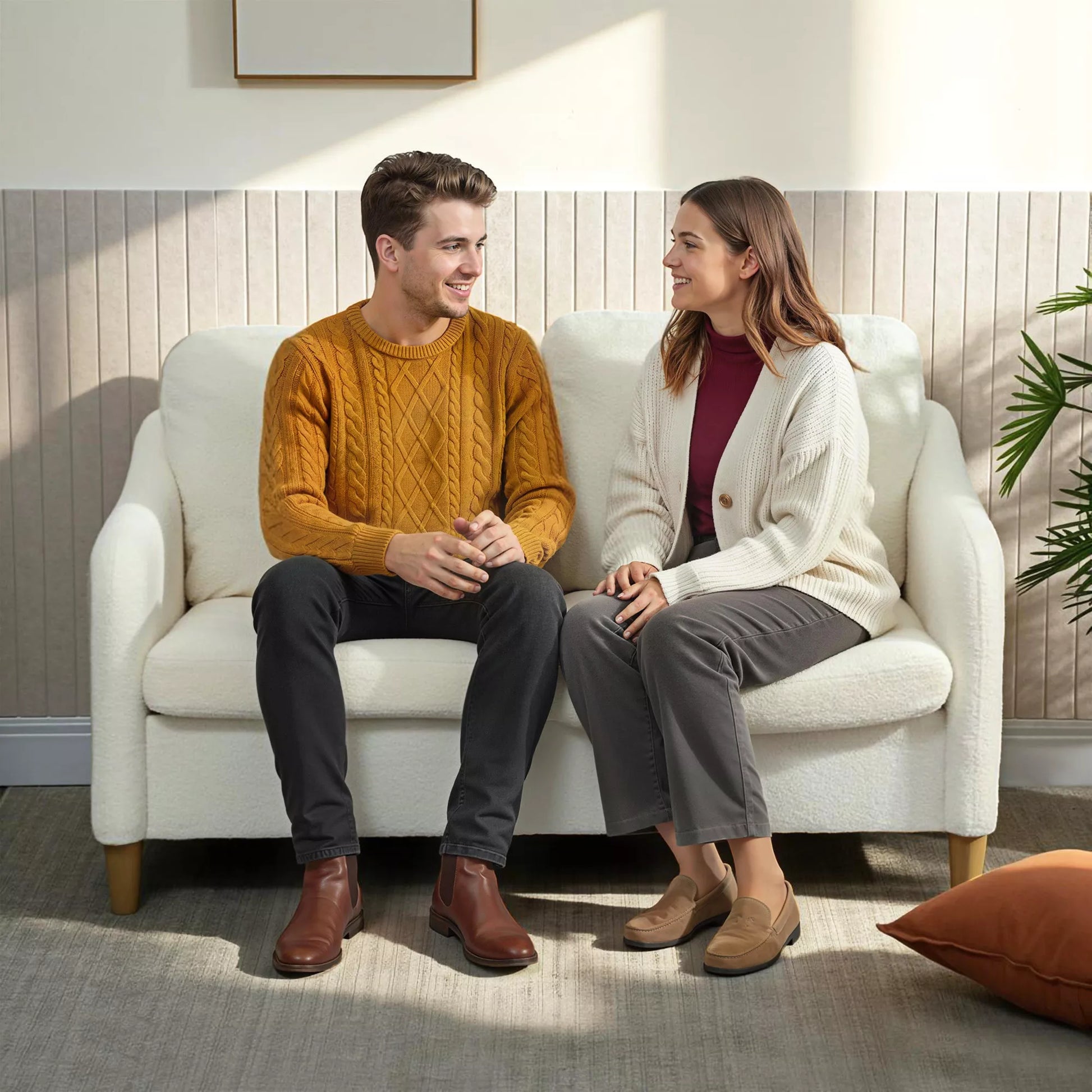 2 vietų sofa, maža sofa su šerpa vilnos išvaizda, 137 cm, skirta svetainei, kreminė balta