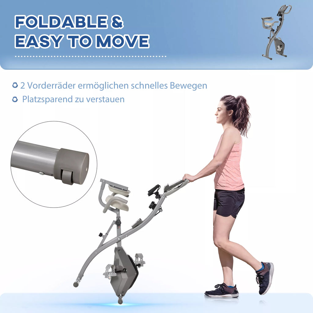 X-Bike 2-in-1 dviračių treniruoklis su LCD ekranu, širdies ritmo monitoriumi, sulankstomas namų treniruoklis su 8 pakopų magnetine varža, 1 poros pasipriešinimo gumos, plienas, pilka spalva, 105x48x118 cm