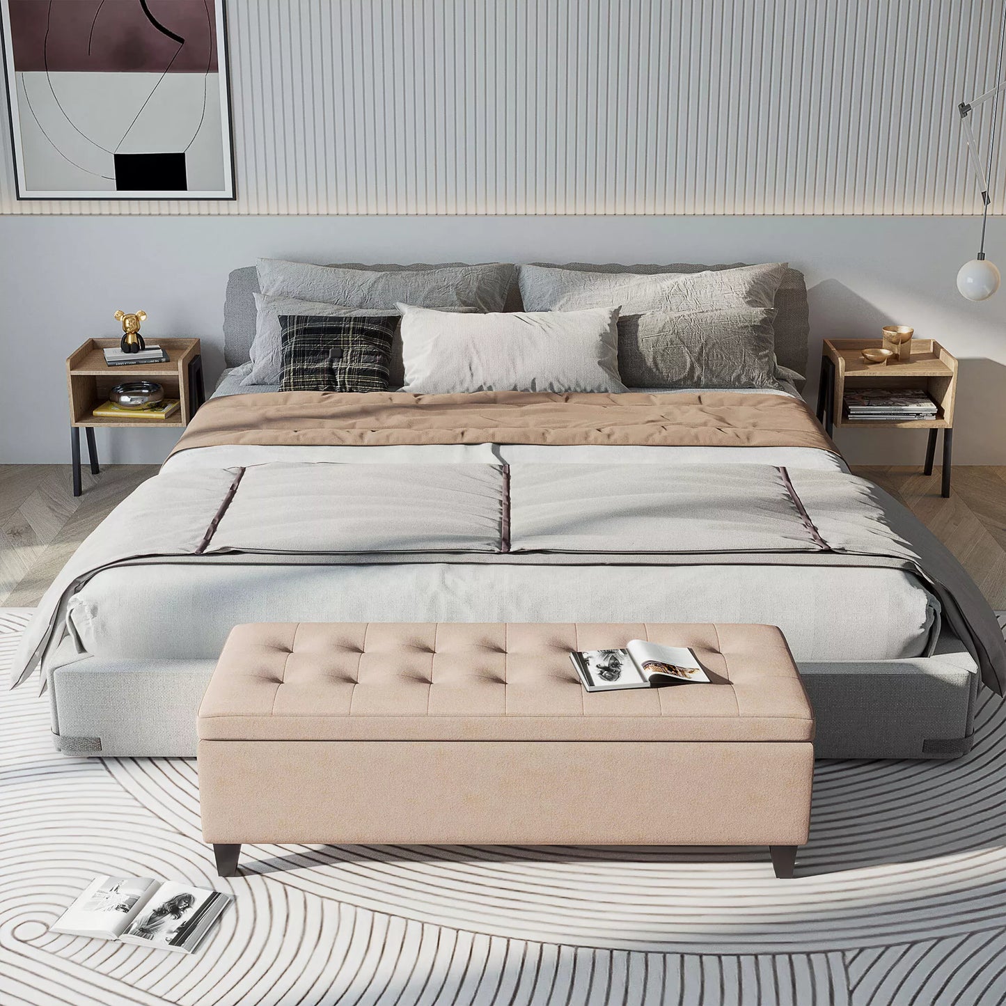 Apmuštas suoliukas su daiktadėže, sagčių apdaila, iki 120 kg, 125 x 49 x 41,5 cm, smėlio spalvos