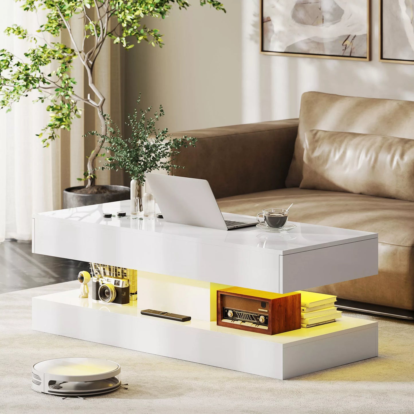 Svetainės stalas su stalčiais ir LED apšvietimu, modernus sofos stalas su atvira lentynėle, kavos stalas, medžio drožlių plokštė, baltas