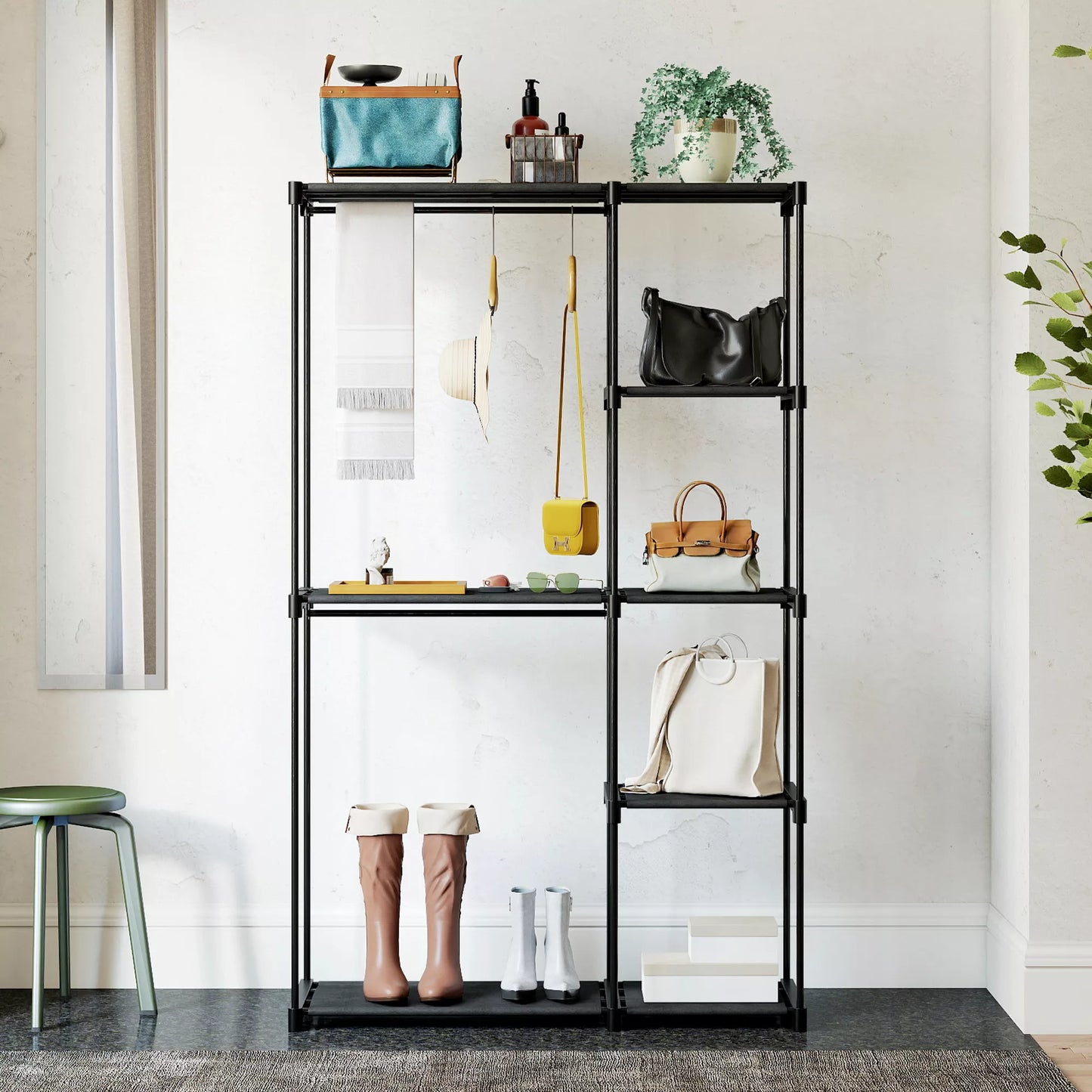 Audinio drabužių spinta su drabužių skersiniu, lentynomis, skirta miegamajam, drabužinei, 111 x 43 x 185 cm, juoda