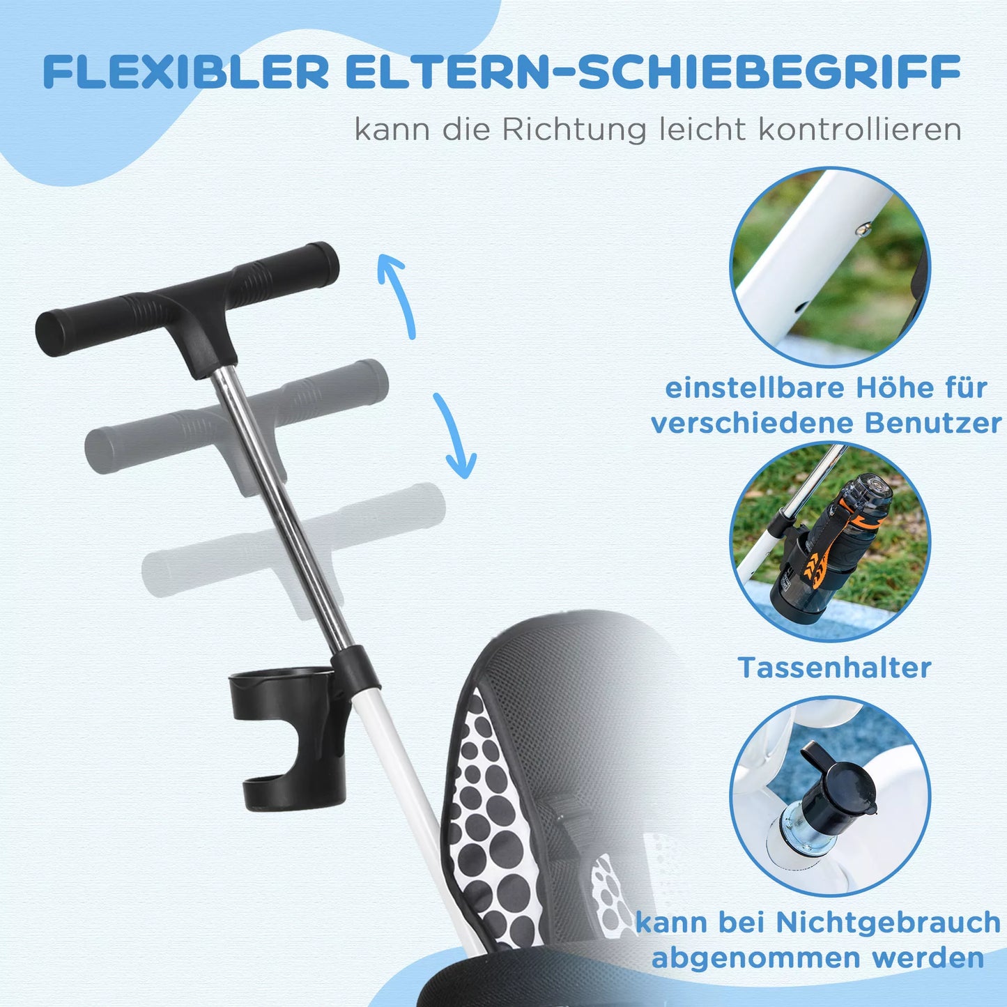 6-in-1 vaikiškas triratukas su stūmimo rankena, stogeliu, saugos diržu, laikymo krepšeliu, skirtas 1-5 metų vaikams, baltas