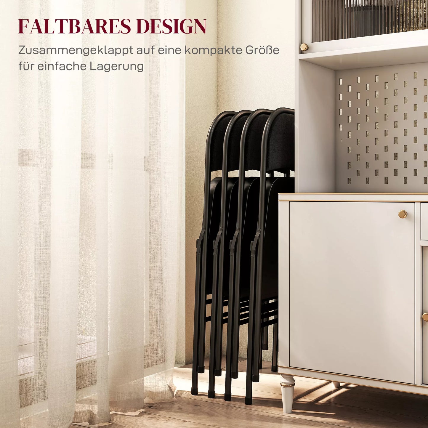 4 vnt. sulankstomų kėdžių rinkinys, nešiojamos biuro kėdės, metalinės kojos, sulankstoma kėdė biurui, priėmimui, laukimo salei, lininės išvaizdos, juoda