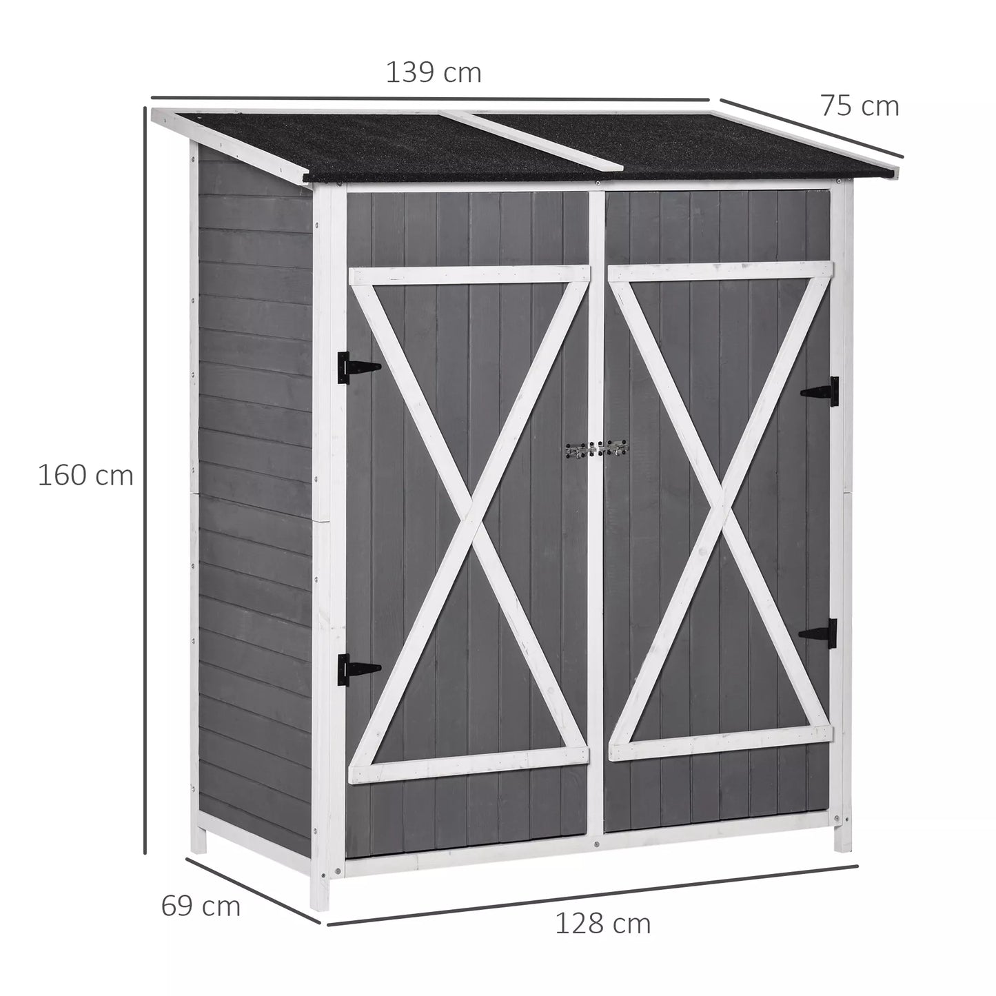 Sodo spinta Įrankių namelis su 2 durimis Įrankių spinta su asfalto stogu Sodo sandėliukas Anti-dumpingo dizainas su poliais Pušies mediena Pilka+Balta 139 x 75 x 160 cm