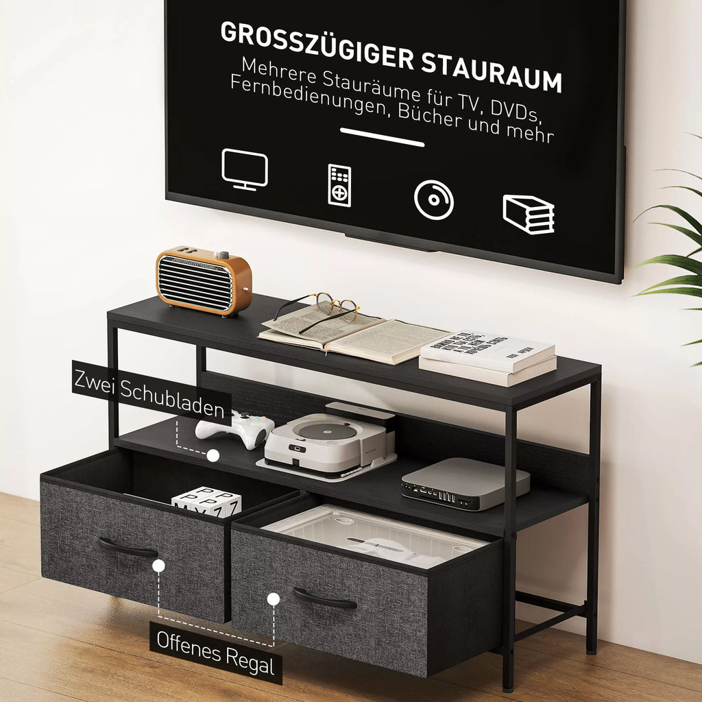 TV staliukas su 2 stalčiais, atviru skyriumi, televizoriams iki 47 colių, 98 x 29 x 56 cm, juoda+tamsiai pilka