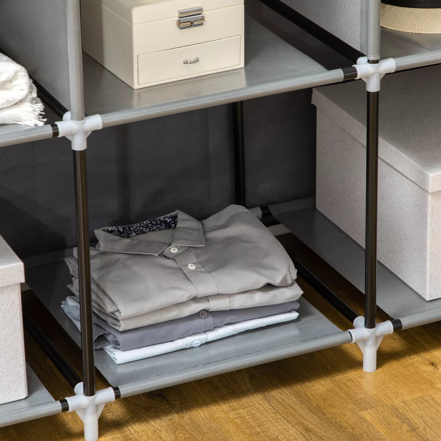 Audinio spinta, laikymo sprendimas, 8 lentynos, 2 drabužių strypai, tamsiai pilka