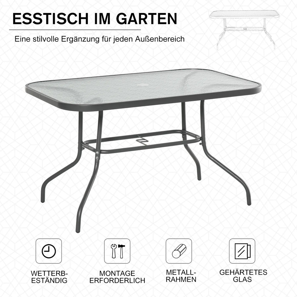 Sodo stalas Bistro stalas Balkono stalas Sodo pagalbinis stalas Bistro stalas Sodo baldai su stikliniu stalviršiu Skylė skėčiui Tvirtas stiklas + metalas Anglies pilkos spalvos  120 x 80 x 70 cm