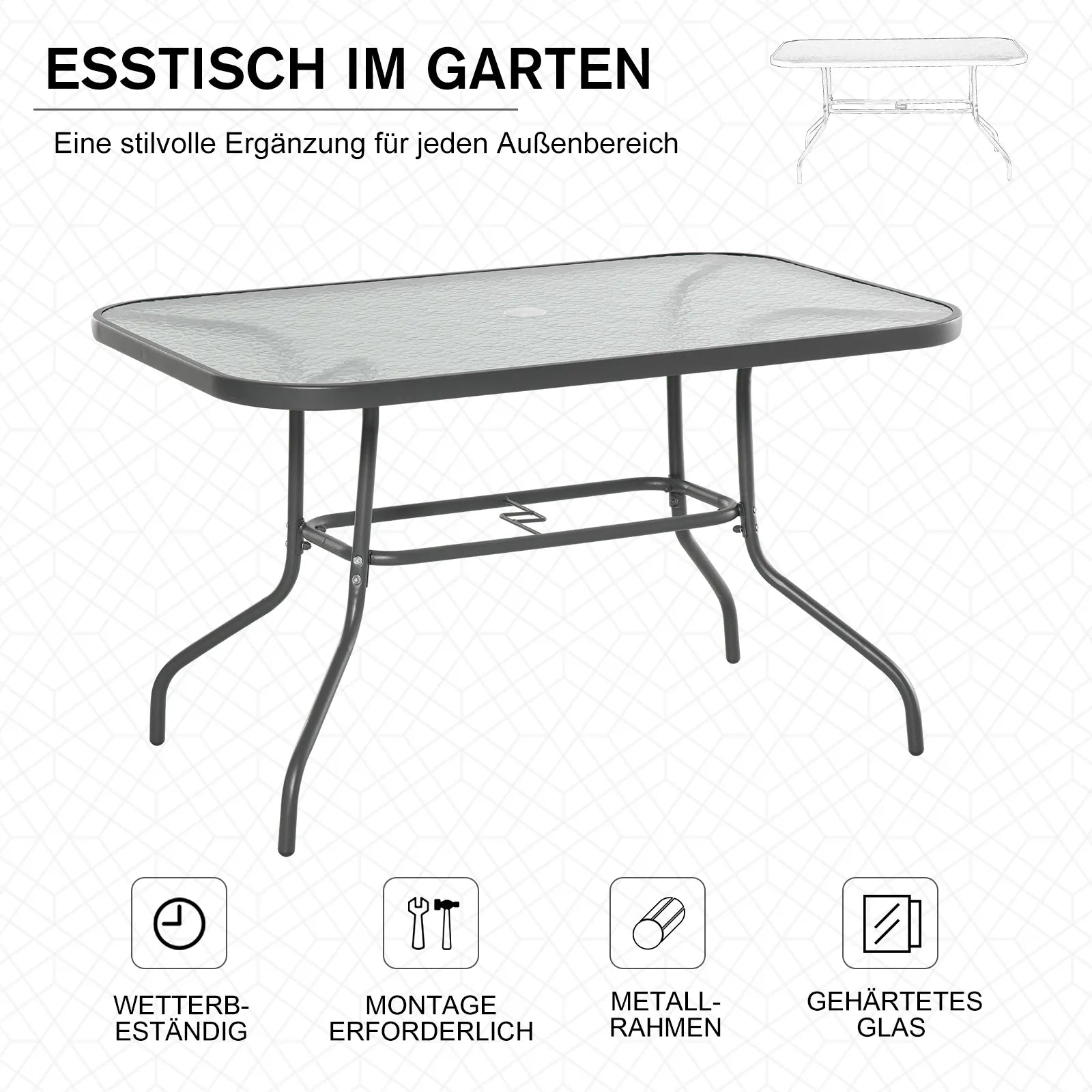 Sodo stalas Bistro stalas Balkono stalas Sodo pagalbinis stalas Bistro stalas Sodo baldai su stikliniu stalviršiu Skylė skėčiui Tvirtas stiklas + metalas Anglies pilkos spalvos  120 x 80 x 70 cm