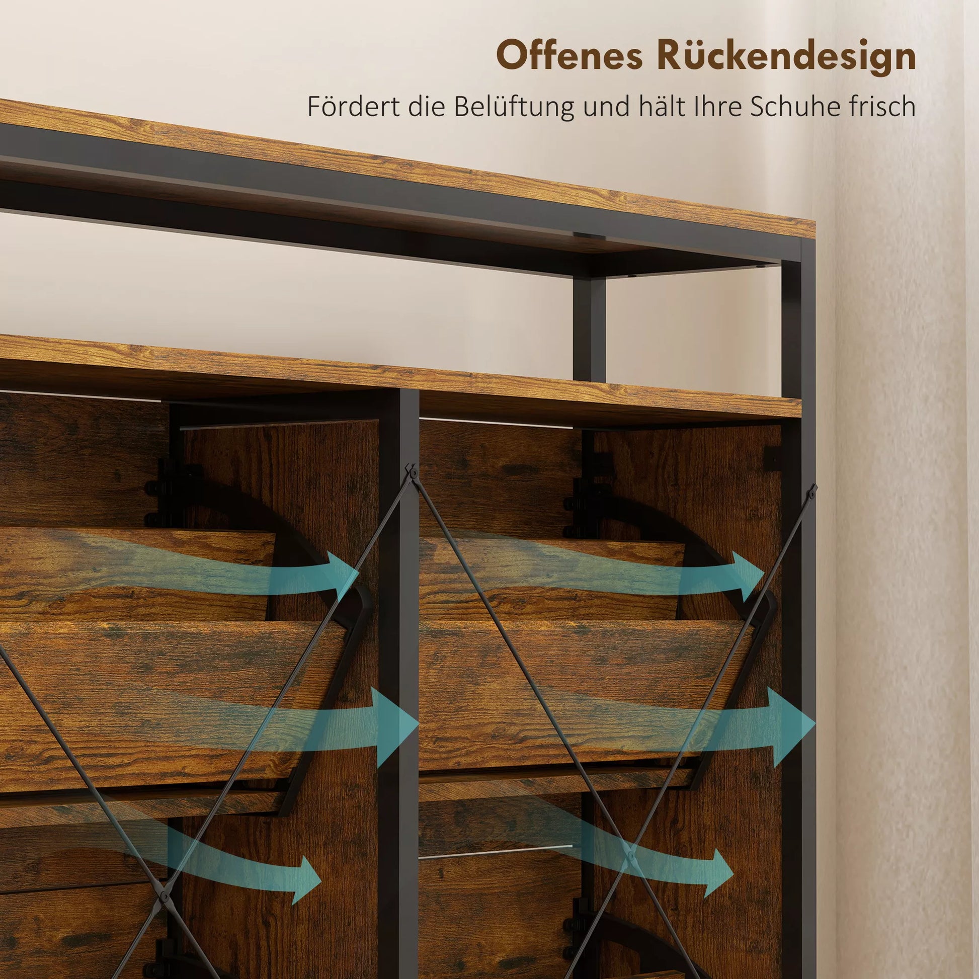 Siauros konstrukcijos batų spinta su 4 atlenkiamais stalčiais, atvira lentyna, talpa 12-20 porų batų, plieninė, ruda