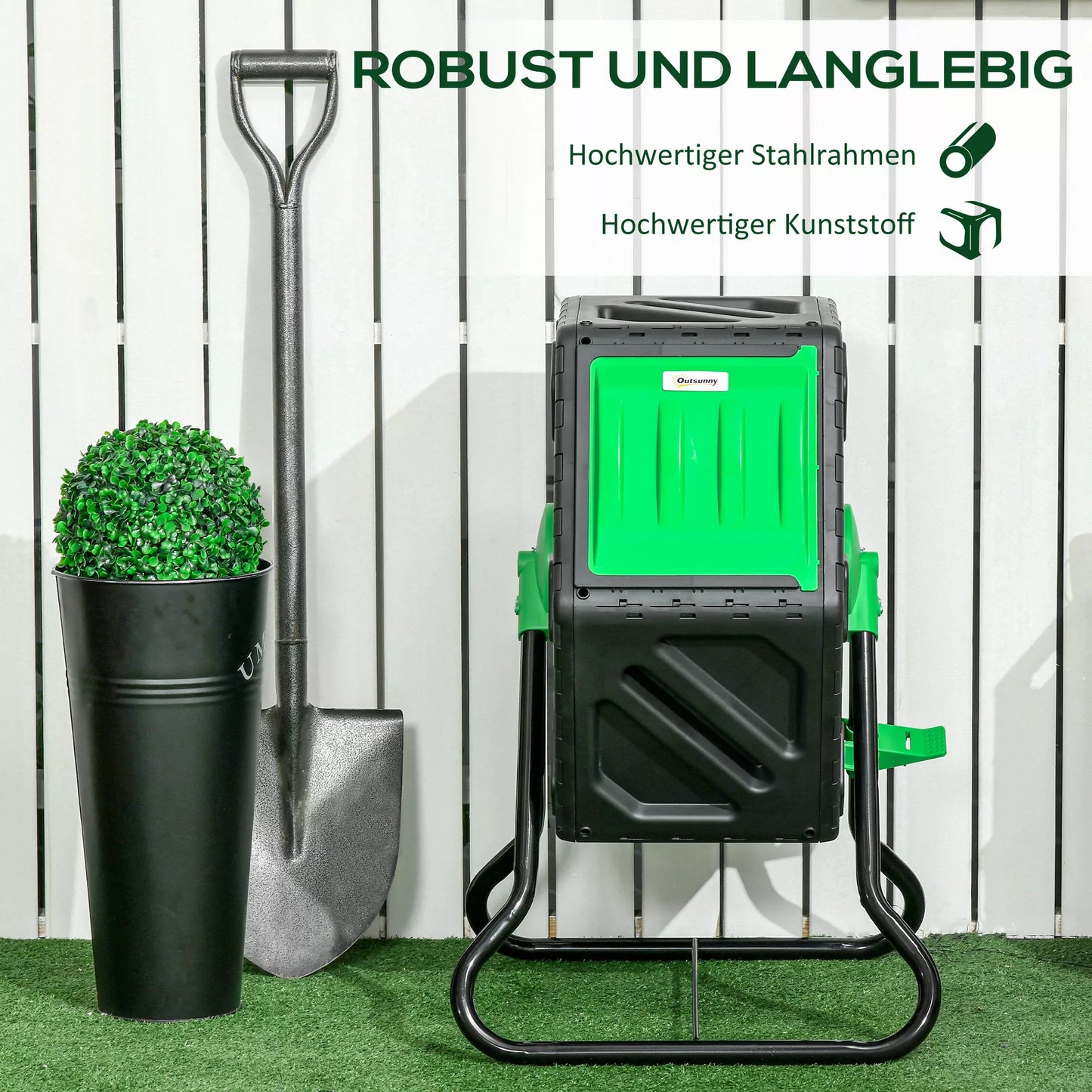 Kompostavimo dėžė, 65 litrų komposteris, sukamasis, kompaktiškas, 24 vėdinimo skylės, plienas, plastikas, žalia+juoda