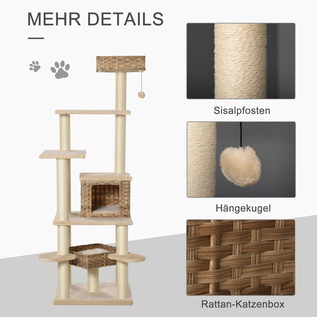 Rotango medžio nugara su kačių urvu Daugiapakopis kačių medis Laipiojimo medis katėms E1 MDF Sizalis Smėlio spalvos + rudos spalvos 55 x 55 x 174 cm