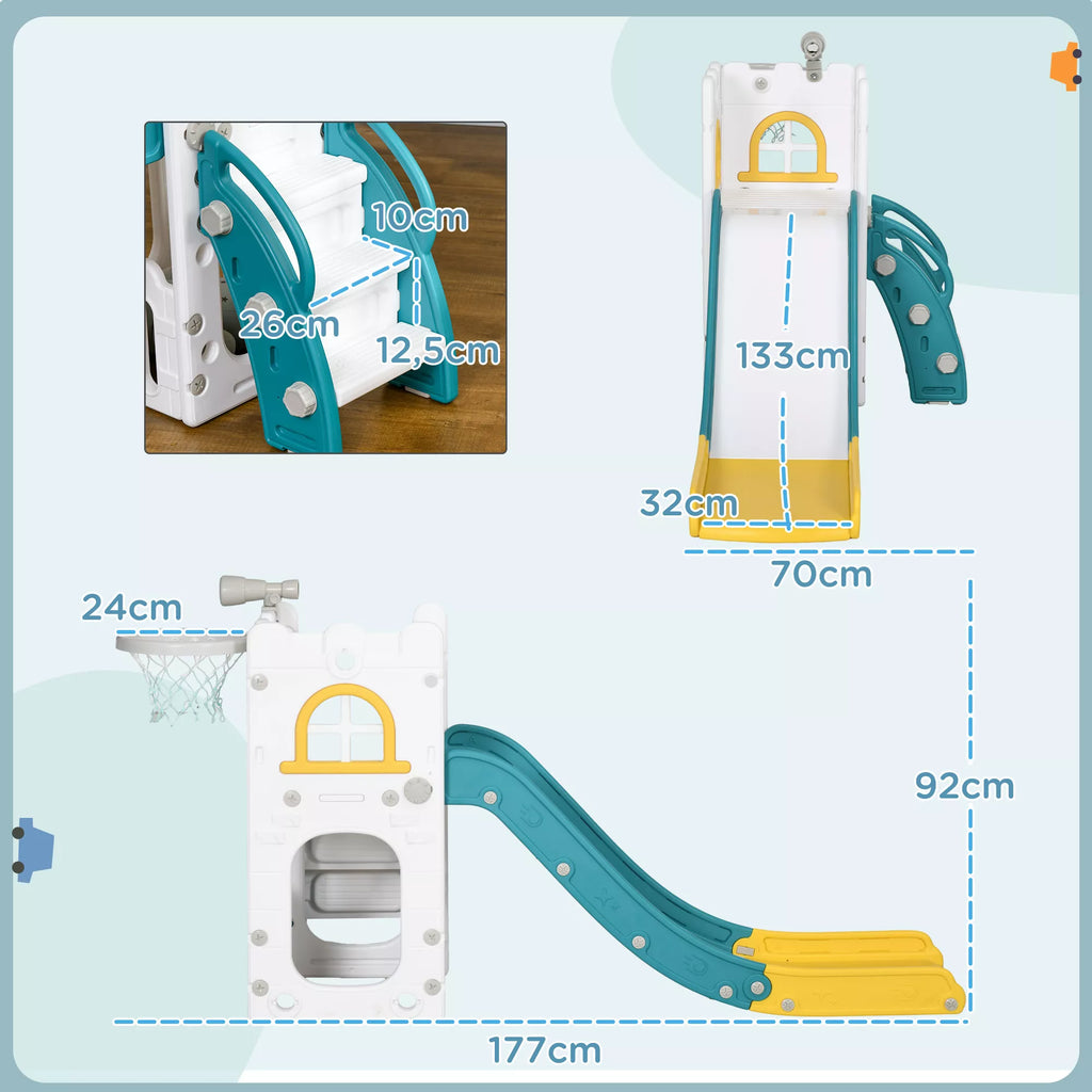 Geltona čiuožykla 5in1 su matmenų schema: 177x92x70 cm nurodytais