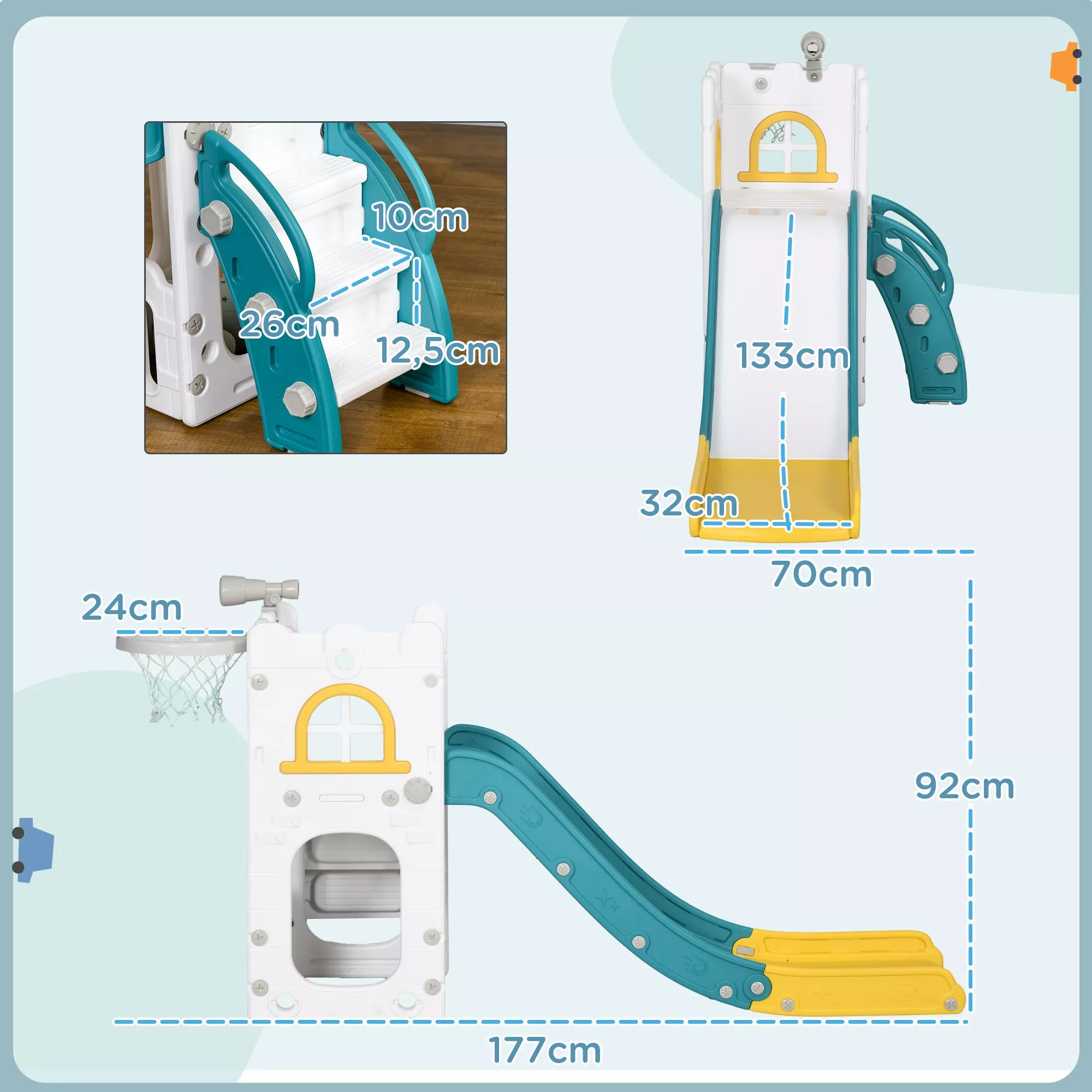 Geltona čiuožykla 5in1 su matmenų schema: 177x92x70 cm nurodytais
