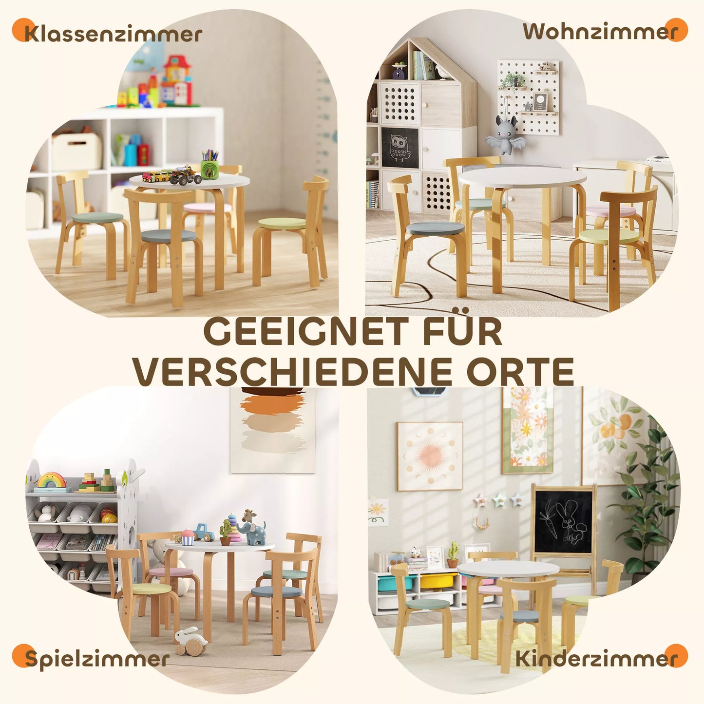 5 dalių vaikiškas stalo ir kėdžių komplektas, lengvas, medžio masyvo, spalvingas