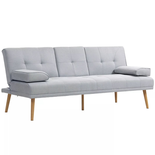 Miegamoji sofa, 3 vietų sofa, miegamoji sofa su sulankstomu staliuku, puodelių laikikliu, lova-sofa su lino išvaizda, svečių lova svetainei, šviesiai pilka