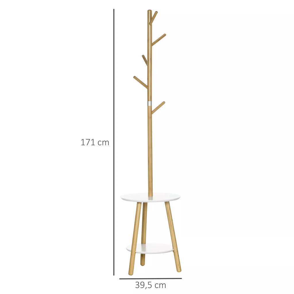 Skandinaviško stiliaus drabužių stovas su pagalbiniu staliuku, 5 kabliukai, 39,5 cm x 39,5 cm x 171 cm, natūralus + baltas